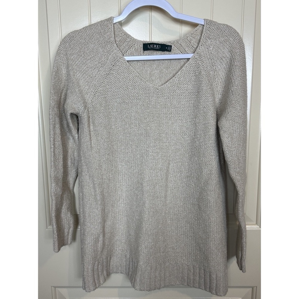 Lauren Ralph Lauren Sweater V Neck Womens Size Medium Knit Long Sleeve Beige